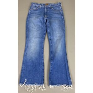 MOTHER Blue Distressed Flare Jeans with Frayed Hem